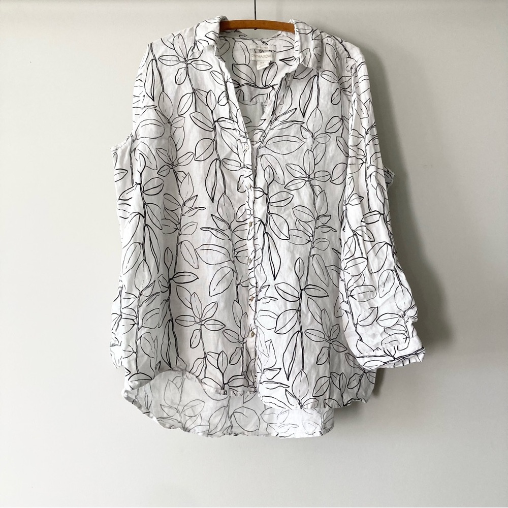 Cynthia Rowley Women Linen Top Blouse White Black Floral Button Down XL